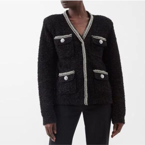 SELF-PORTRAIT Black Tape Knit Crystal-Embellished Bouclé Cardigan - Picture 3 of 13